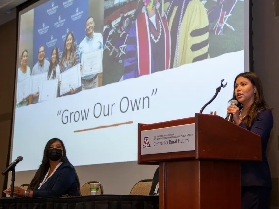 Timian Godfrey, DNP, APRN, FNP-BC, addresses attendees at the 48th Arizona Rural Health Conference in Flagstaff, Arizona. Her presentation focused on innovative strategies to attract and retain nurses for rural and tribal communities.