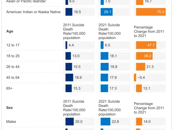 chart showing suicide death rates by demographics and location 