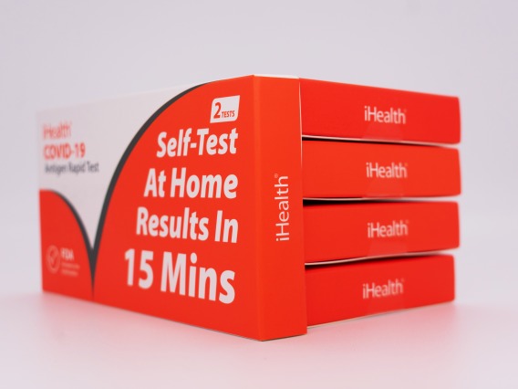 Several iHealth Covid-19 home antigen rapid test kits. 