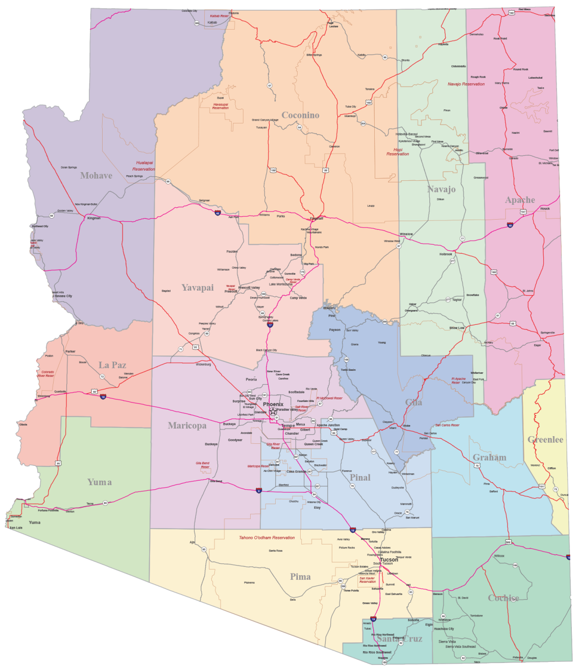 Map of Arizona with counties, cities and roads
