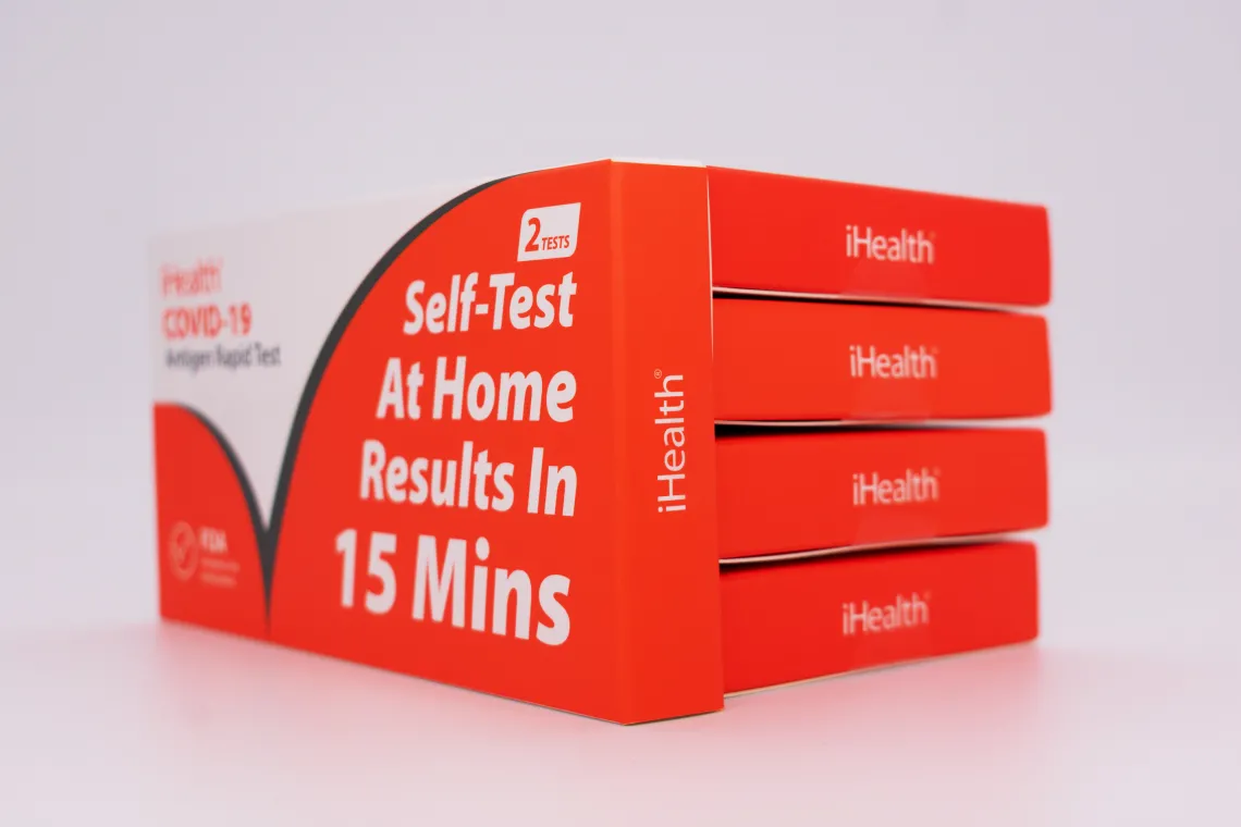 Several iHealth Covid-19 home antigen rapid test kits.