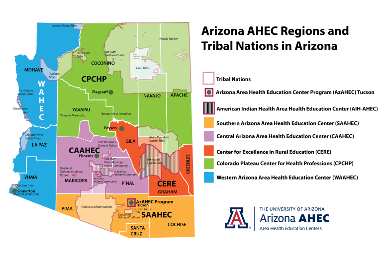 map of Arizona showing regional area health education centers and tribal nations