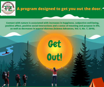 flyer for Get Out with an illustration of a girl holding her arms out to the sun with hikers and a forest in the background